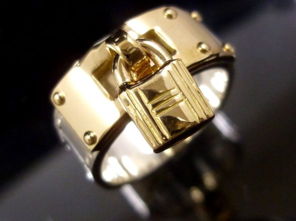 Hermes Padlock Ring Sterling and Gold