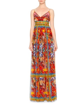 Dolce Gabbana Carretto-Print Surplice Silk Gown, Red Yellow Blue