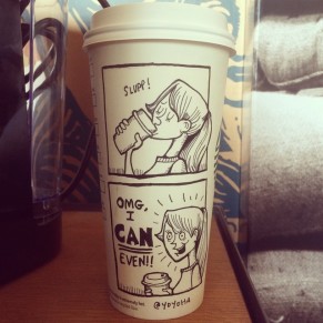 Josh Hara draws OMG coffee cup