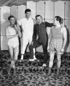 Four men dressed in underwear (B&W)