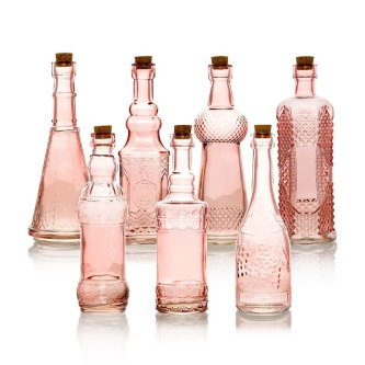7pc pink vintage glass wedding bottle set assorted decorative designs retro