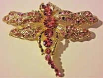 Vintage Art Nouveau Style Crystal Rhinestones gold Big Gorgeous Pink Dragonfly retro