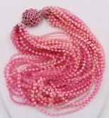 Vintage Pink Plastic Torsade Rose Rhinestone Flower Clasp Necklace retro
